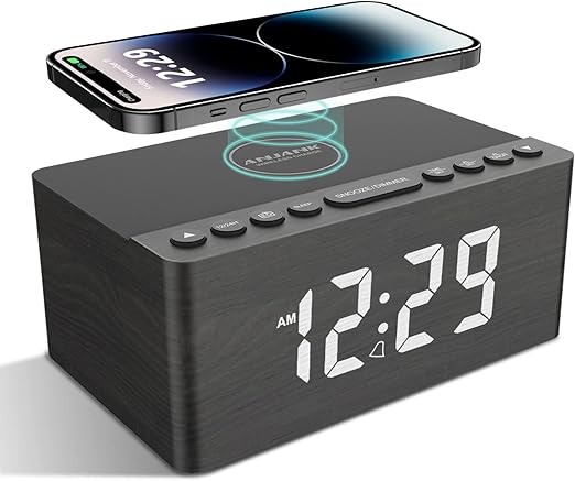 ANJANK Wooden Digital Alarm Clock FM Radio,10W Qi Certified Fast Wireless Charging Station for iPhone/Samsung Galaxy,5 Level Dimmer,USB Charger,2 Wake up Sounds, Bedroom, Bedside, Desk, Nightstand