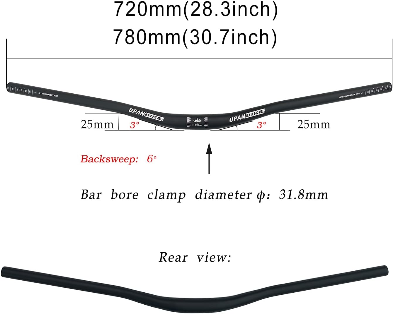 UPANBIKE MTB Mountain Bike Handlebar Bicycle Handlebar φ31.8mm 720mm/780mm Riser Bar For MTB, BMX,Road Bike, Mountain Bike(720mm,black)
