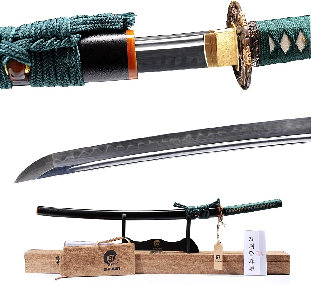 1095 Carbon Steel Clay Tempered Japanese Samurai Katana Sword Hand Forged, Full Tang Sharp, Brass Fittings (Green)