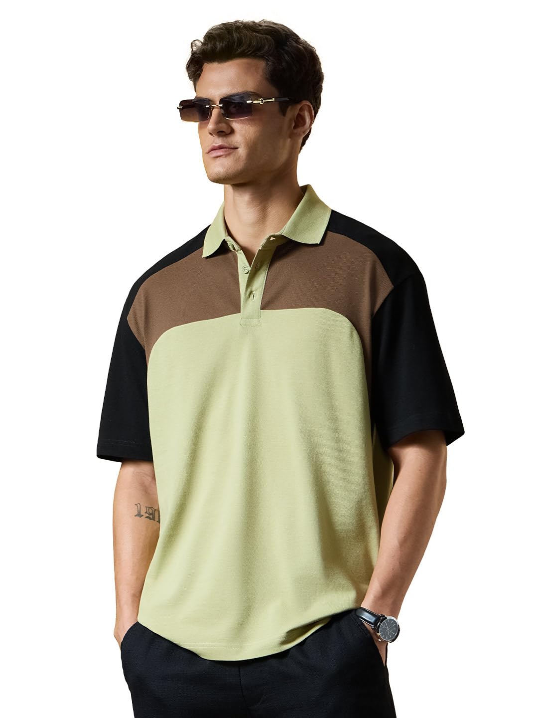 the souled store Toasted Lemon Men and Boys Short Sleeve Polo Neck Green Black and Brown Colour-Block Cotton Oversized Breathable Stretchable Comfortable Polos-picture-42