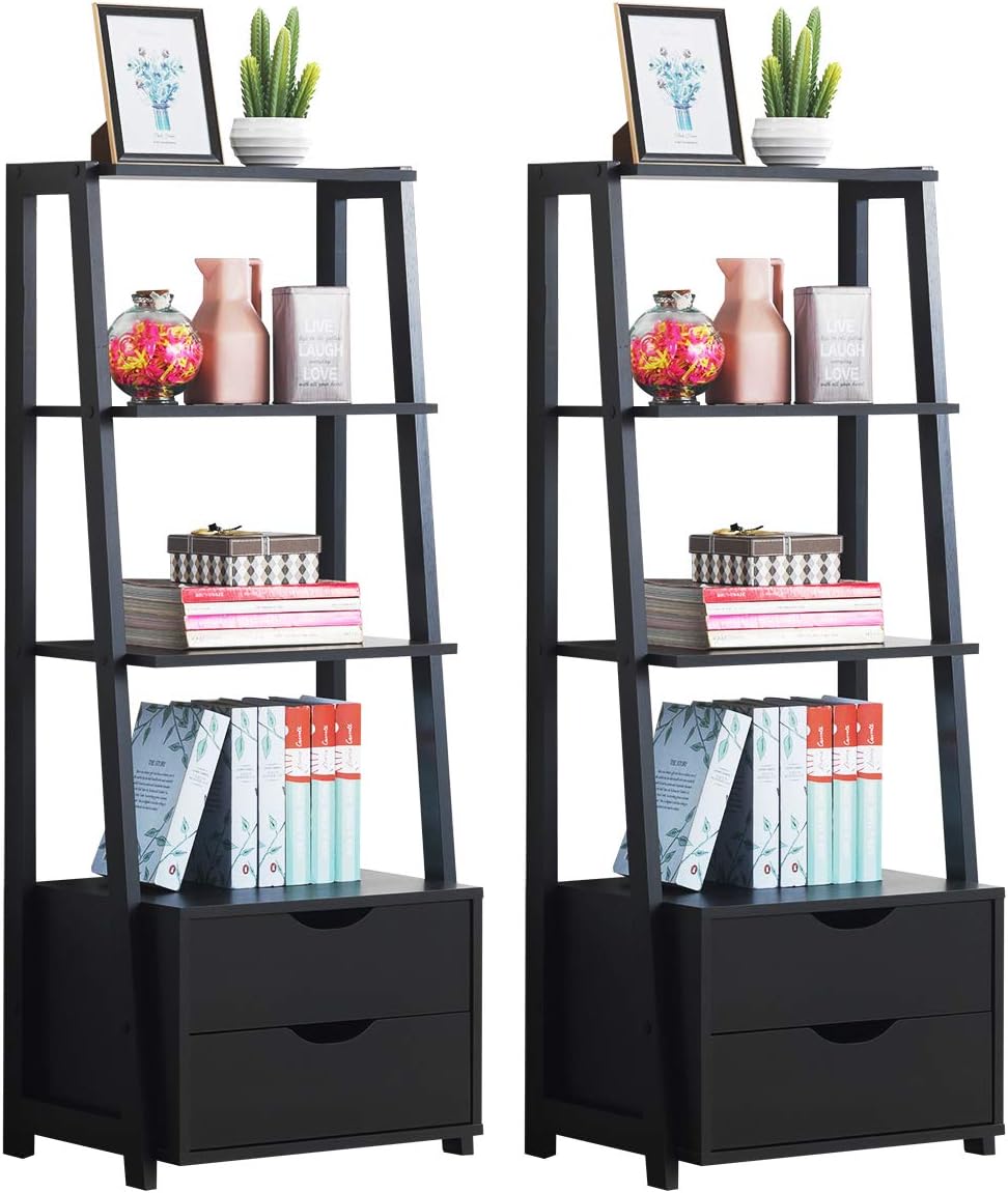 Tangkula4-Tier Bookcase with Drawer, Freestanding 4 Shelf Open Bookshelf with 2 Storage Drawers, Modern Ladder Shelf with Storage Display, Ideal for Home Office (2, Black)