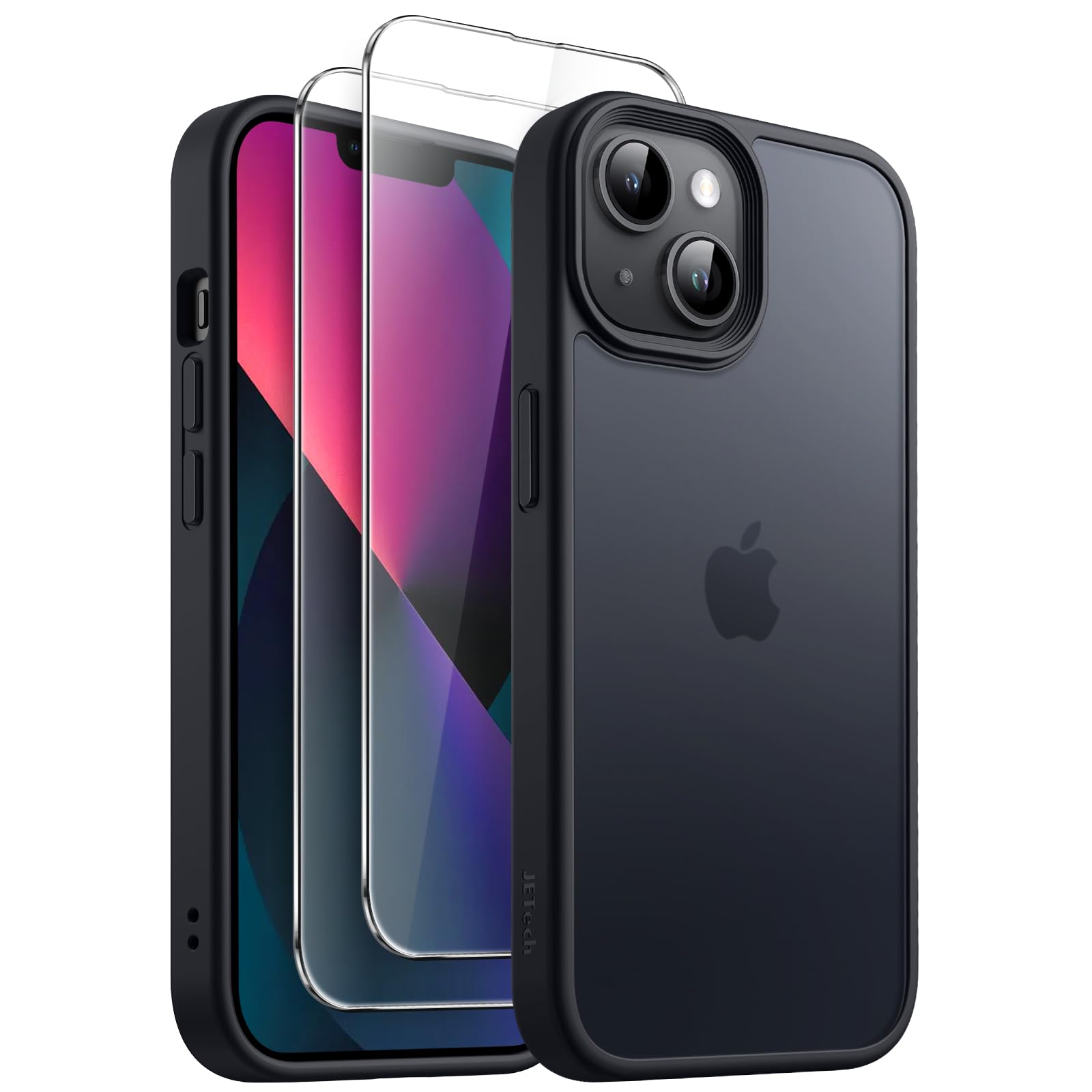 JETech 3 in 1 Cover Opaca per iPhone 13 6,1 Pollici con Pacco da 2 Vetro Temperato Pellicola Protettiva, Traslucida Glassato Antiurto Cellulare Custodia (Nero)