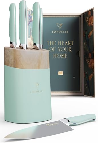 Miniatura 1 de LORDELLE - Juego de 5 bloques de cuchillos, color verde costero, diseño de cocina para el hogar, acero inoxidable alemán X50, mango ABS, bloque de