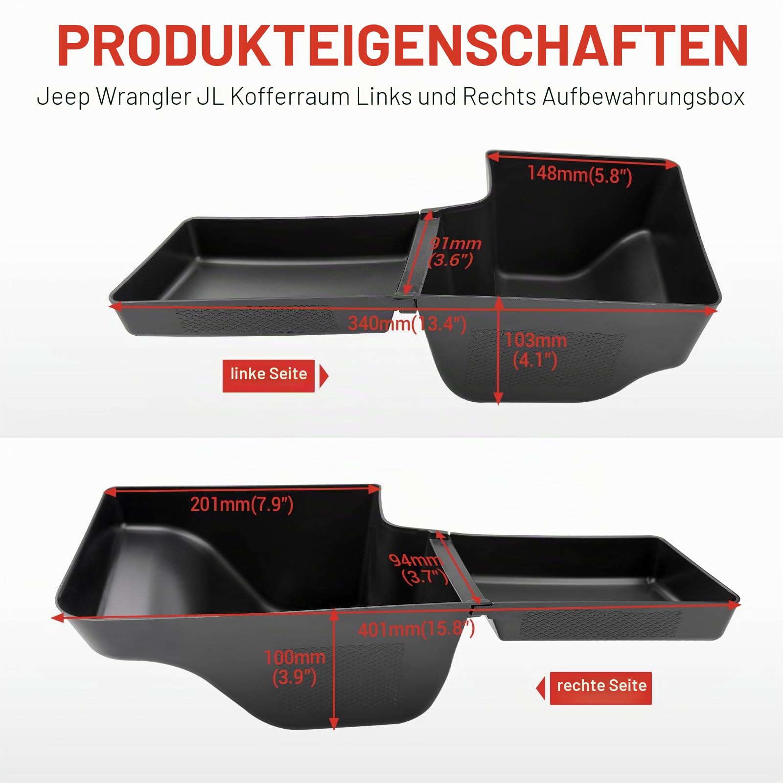 Radkasten-Aufbewahrungsbehälter für Jeep Wrangler JL JLU 4XE 2018–2023, Cargo-Organizer, Kofferraum, seitliche Aufbewahrungsbox für Wrangler JL 4-Türer-Zubehör (links + rechts, nicht passend für
