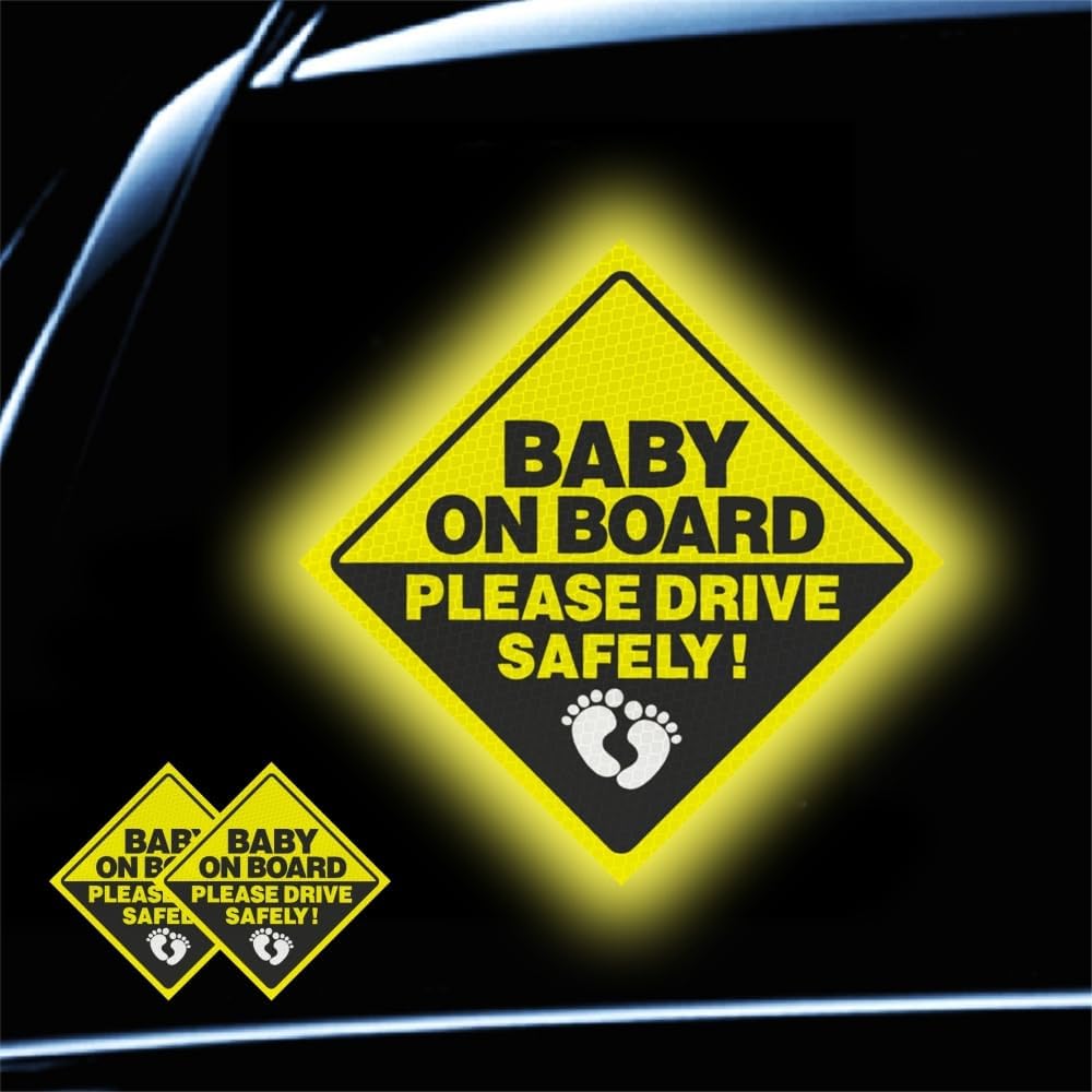 2Pack Baby On Board Sticker for Cars- Please Drive Safely High Intensity Reflective Waterproof Vinyl Baby Safety Car Signs for Rear, Side Windows, Bumpers