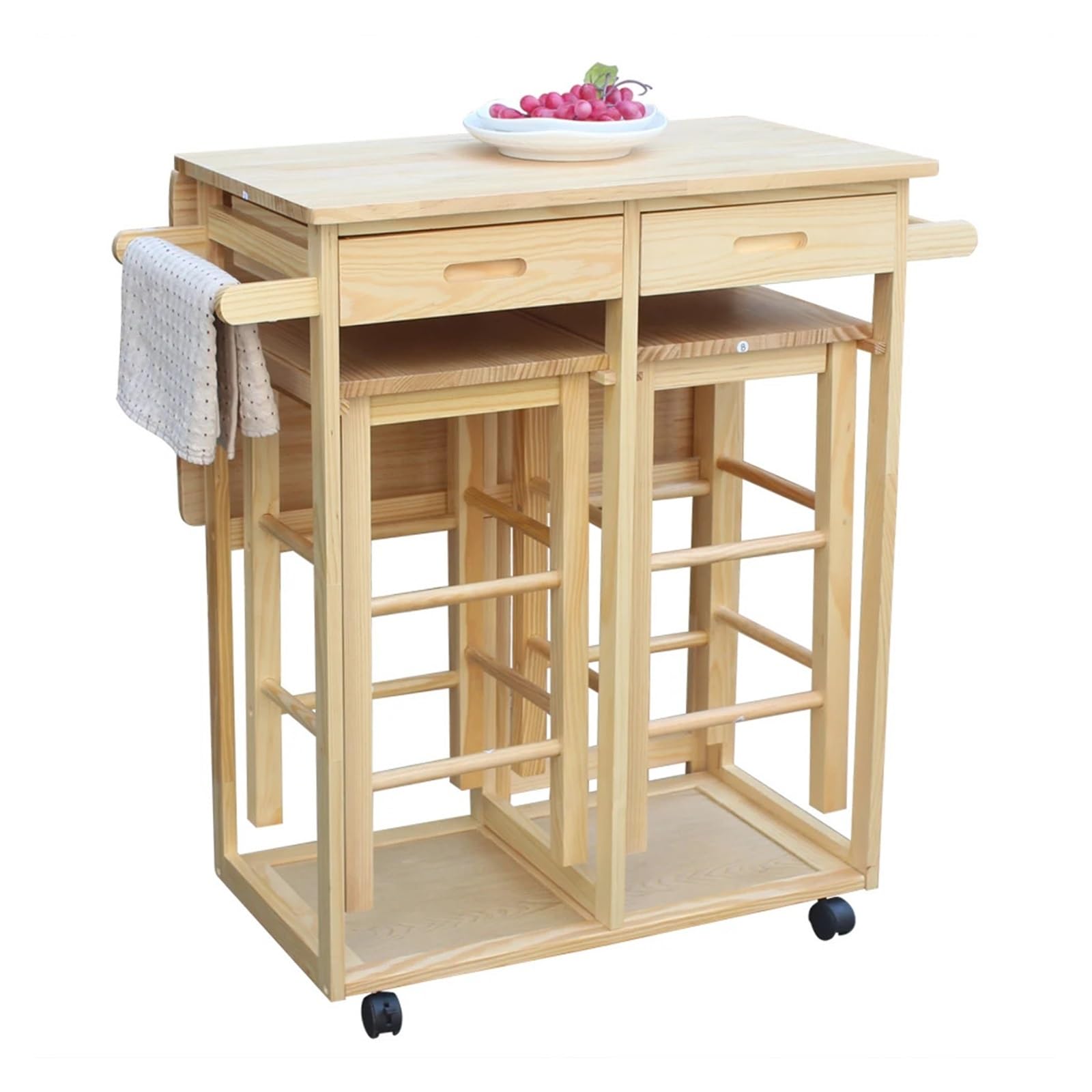 FZL02068LM Serving Trolleys Square Solid Wood Folding Kitchen Dining Cart with 2 Stools, Trolley Organization