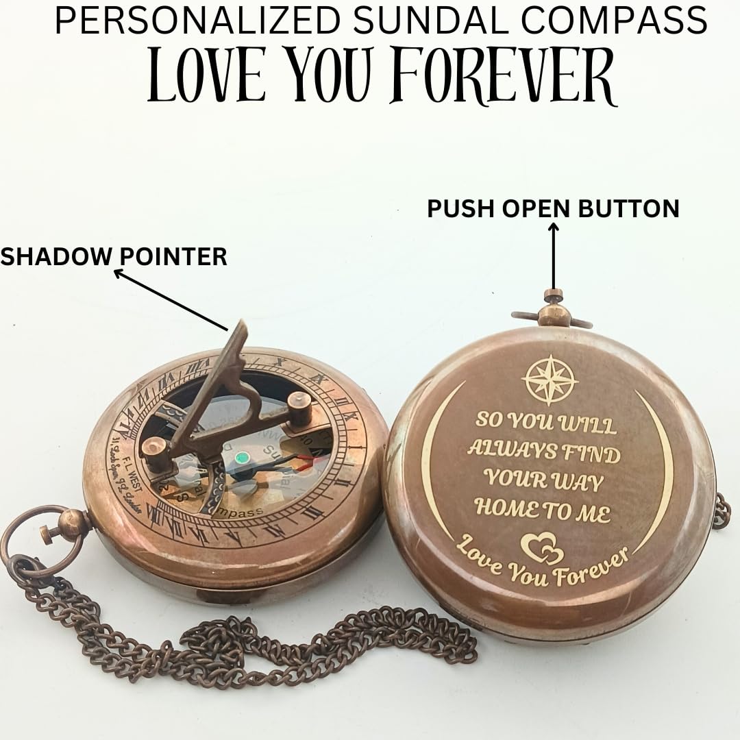 DAYOL'X So You Can Always Find Your Way Back to Me - Personalized Sundial Compass - Luxury Gift - Anniversary Sundial Compass - Brass Compass Personalised Gifts for Men with Engraved Message, 3 inch