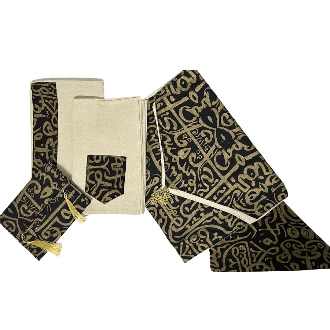 Home Paradise Black and Gold Koufi Table Runner with 6 Placemats 2 Cushions and 1 Tissue Box, Handmade Dining Table Decoration, Versatile Arabic Calligraphy Dining Set, Islamic Traditions Decor