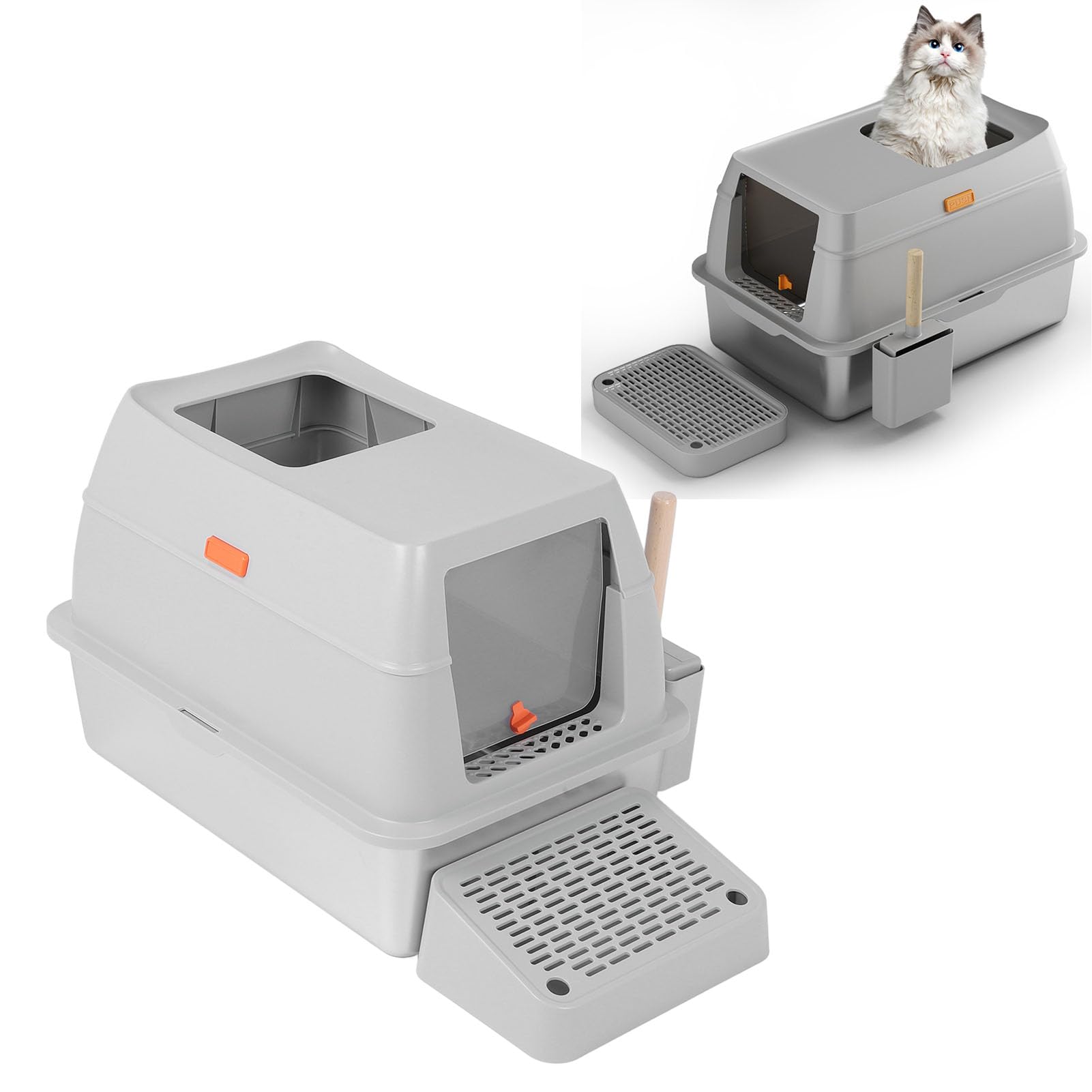 Stainless Steel Litter Box, Enclosed Cat Litter Tray High Side Anti Splash Metal Cat Litter Box with Scoop and Foot Pedal, 24 X 15.7 X 15in, for Large Cats/Pets