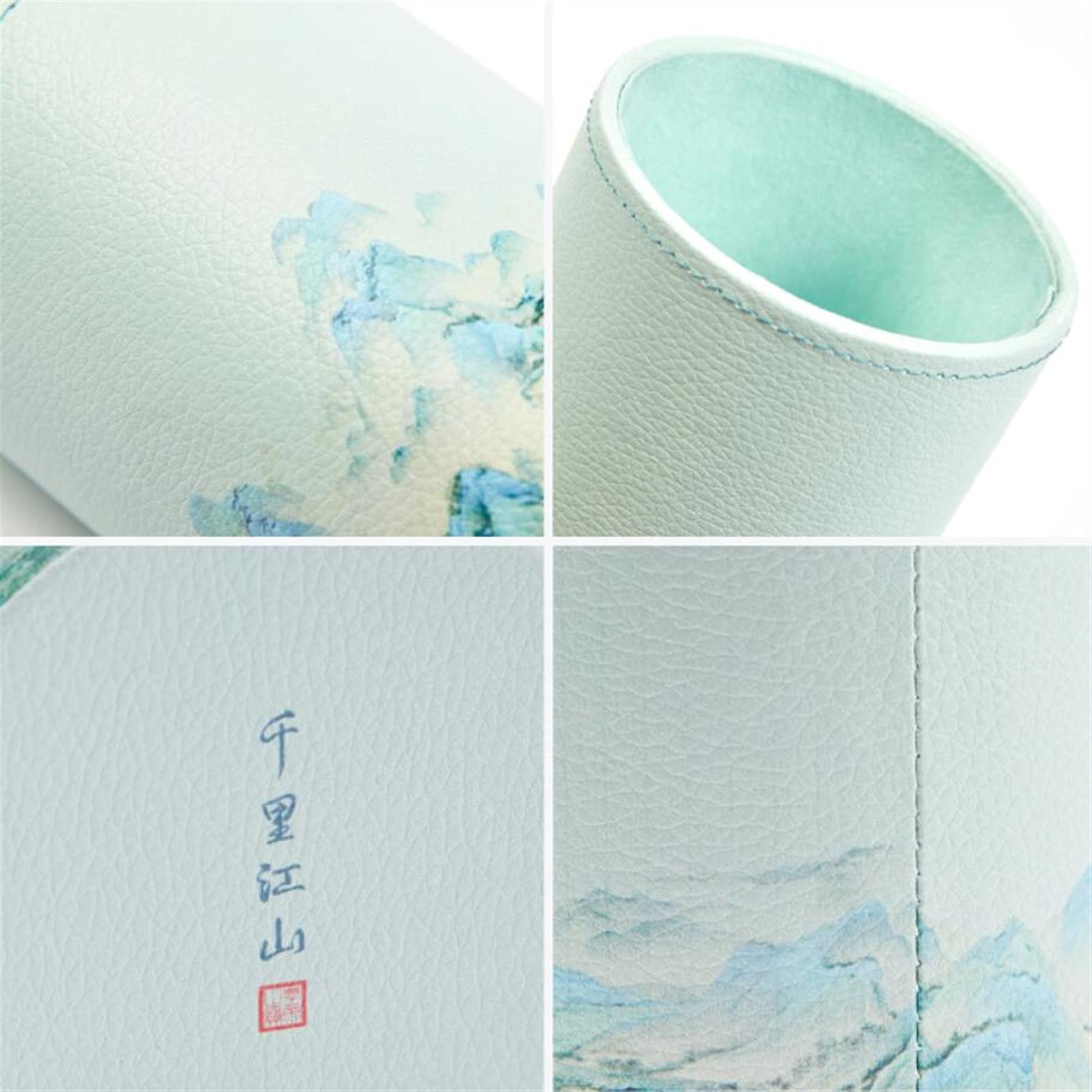 Stifthalter für den Schreibtisch, Runder Schreibtisch-Stifthalter aus PU-Leder mit chinesischem Tintenmuster, 8,5 x 11,9 cm