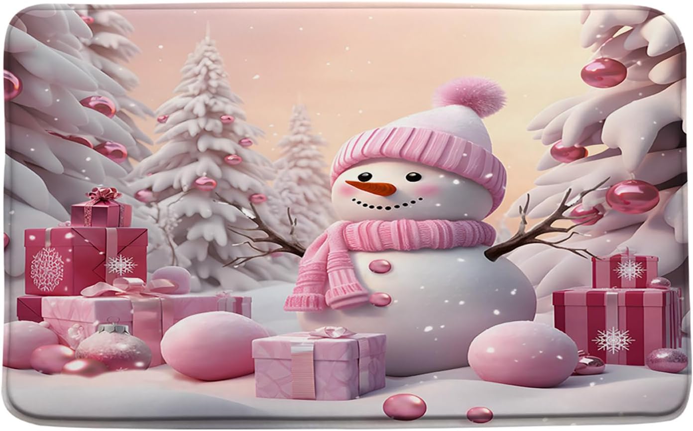 Christmas Snowman Bath Mat Pink Cute Snowman Xmas Ball Pine Tree Forest Nature Winter Holiday Bathroom Decor Rug Doormat Toilet Floor Rug,19.7x60 Inch