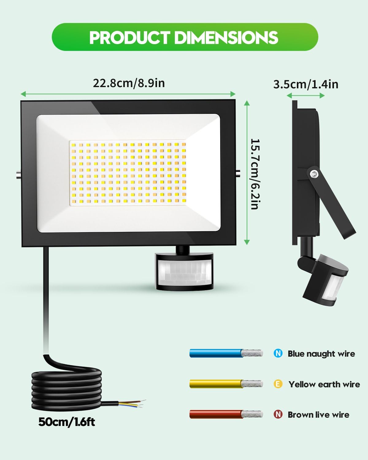 Sararoom Zewnętrzna lampa LED 100 W, czujnik ruchu, 10000 lm, zewnętrzna lampa punktowa LED z 3 regulowanymi kolorami, wodoszczelność IP65, pilot zdalnego sterowania, do garażu, magazynu, podwórza