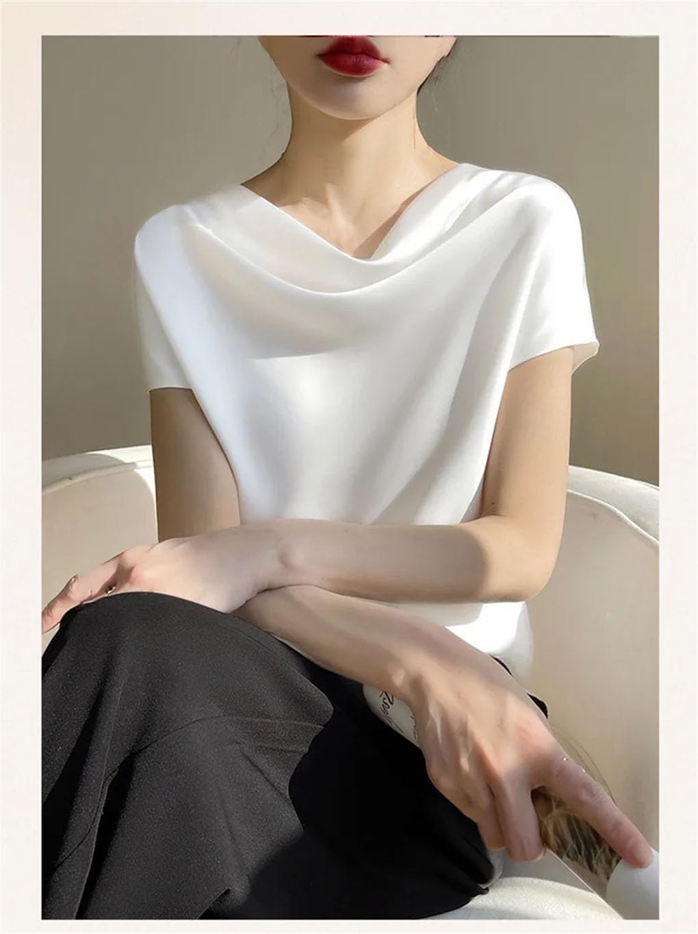 Camisetas de seda satinada de manga corta con cuello redondo para mujer, blusa informal para oficina