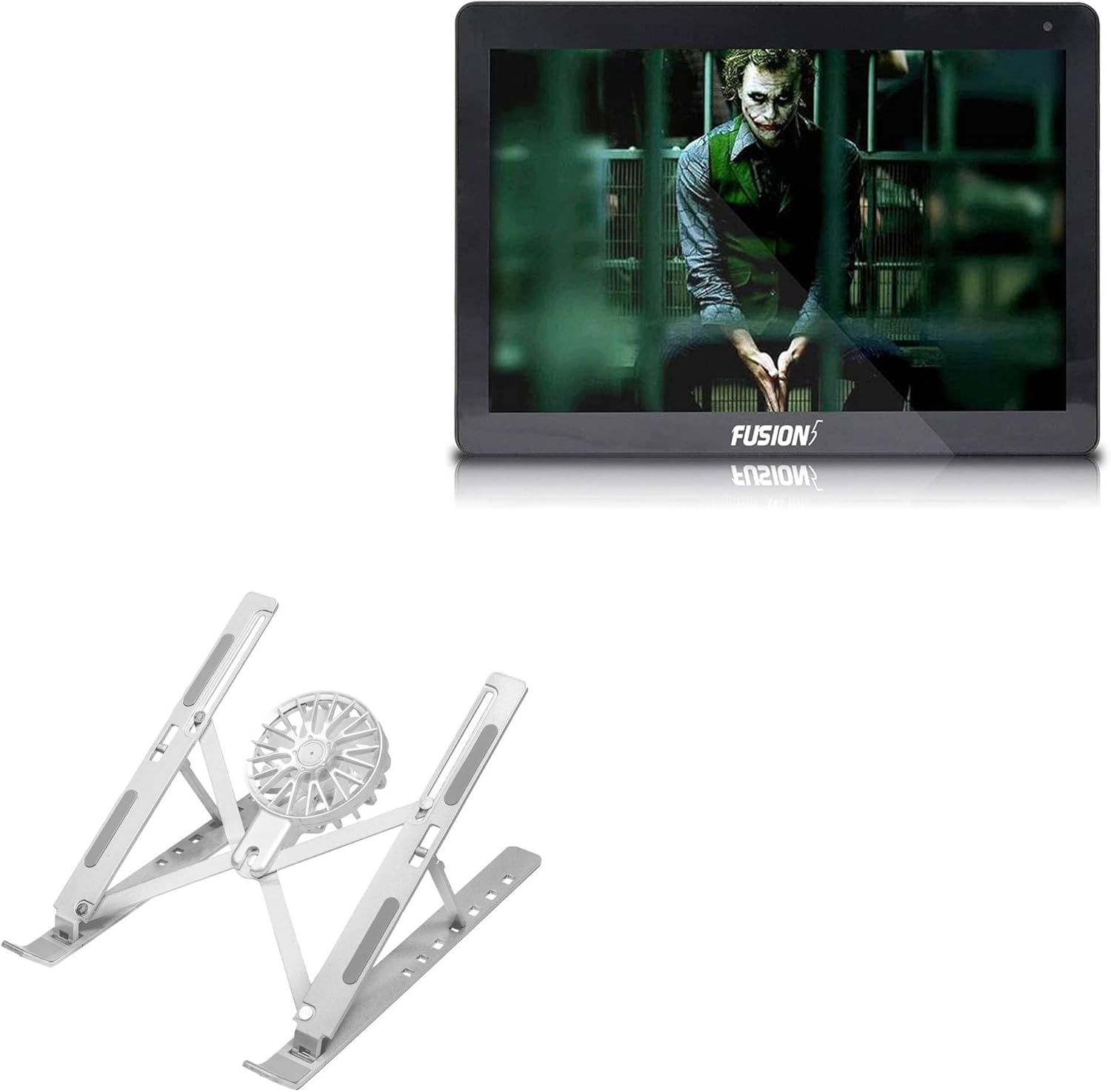 BoxWave Stand and Mount Compatible with Fusion5 104Bv2 Pro (10.1 in) - QuickSwitch Stand with Cooling Fan, Portable, Multi Angle Viewing Ventilator - Metallic Silver