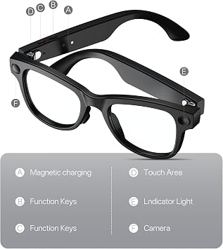 AI Smart Glasses with Camera Stabilization - 8MP POV Video Recording, Real-Time AI Translation, Smart Assistant, Dual-Mic Noise Canceling for Travel & Meetings - Anti-Blue Light, Black Frame