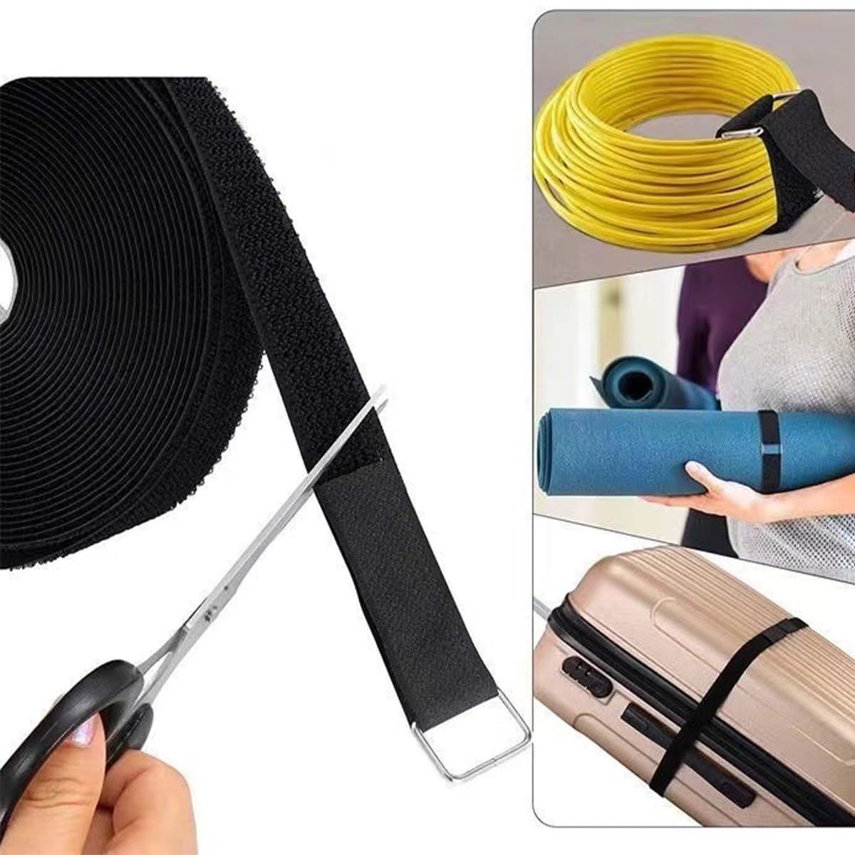 10 Metri di fettuccia in Nylon Resistente con 50 Fibbie Chiusure a Strappo in Nylon Fascette fermacavi riutilizzabili per Fissare Cavi tappetini Yoga Bagagli Biciclette (Nero)