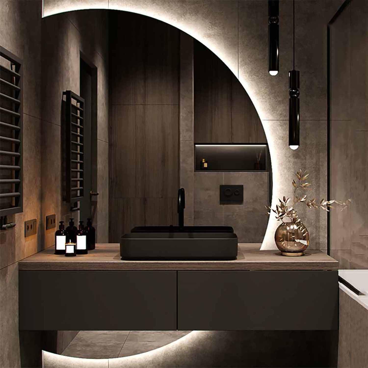 WQZzjm LED AntiFog Bathroom Mirror 129.5 x 88.9 cm – WallMounted Elegant HalfCircle Design for Modern Bathrooms, SteamProof Technology (Demicercle Droit 100X70cm)