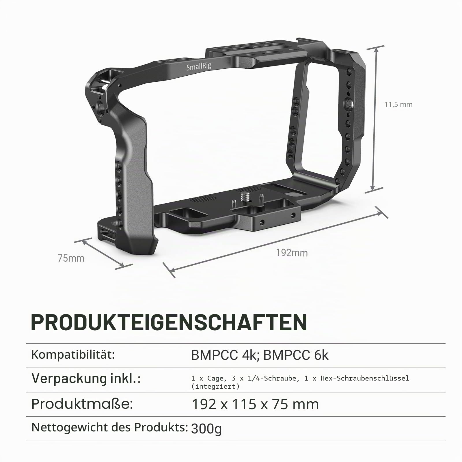 SMALLRIG Camera Cage, Cage Käfig BMPCC 4K, 6K für Blackmagic Pocket Cinema Kamera 4K Cage mit NATO Rail- 2203B