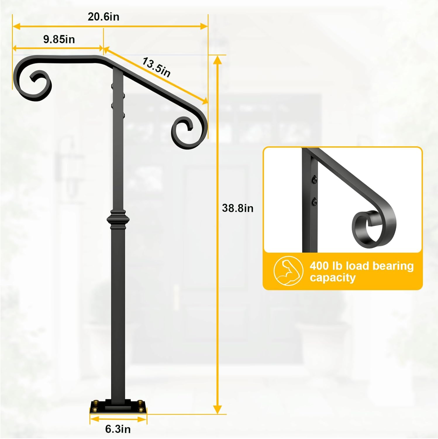 Handrails for Outdoor Steps, 1-2 Step Single Post Handrail, 38" H Rustproof Wrought Iron Stair Railing with Assembly Tool Kit for Concrete Steps, Wood Steps, Black