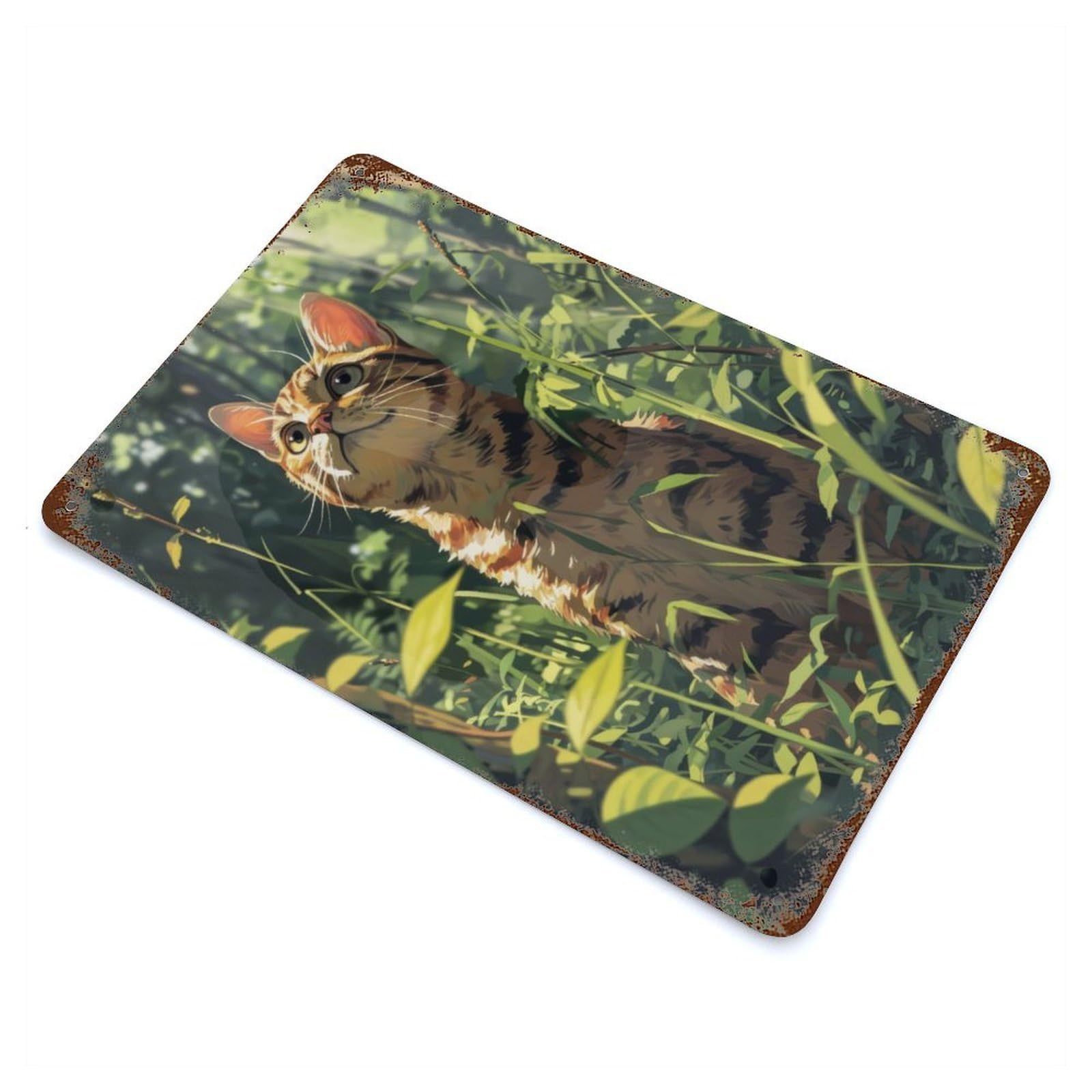 Cute Cat in Grass Distressed Metal Wall Sign 11.8"x7.9", Rustic Home Decor for Farmhouse, Kitchen And Entryway Decor