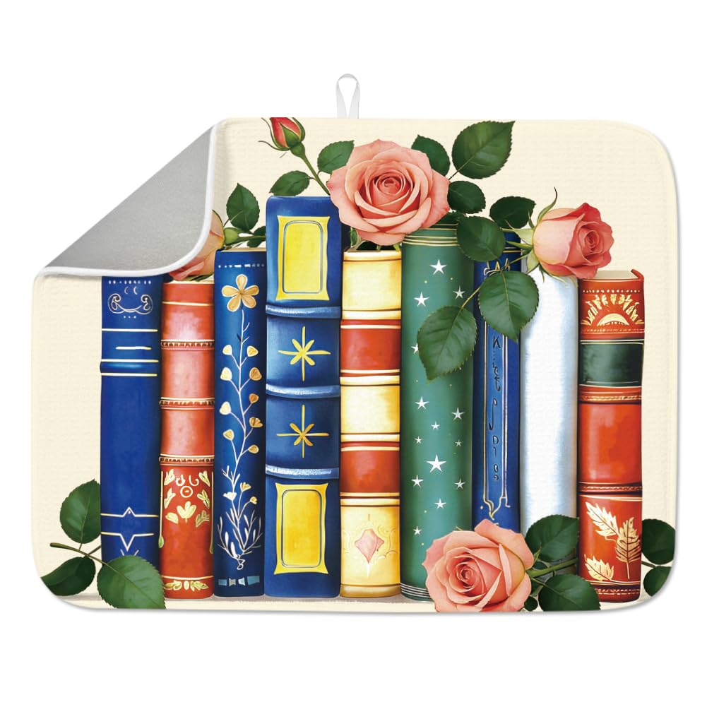 INFUNLY Vintage Book Dishes Drainer Mat 60x45cm Microfiber Dishes Drainer Mats Rose Floral Absorbent Pad Book Stack Coffee Mat with Hanging Loop for Kitchen Counter Faucet Sink Refrigerator