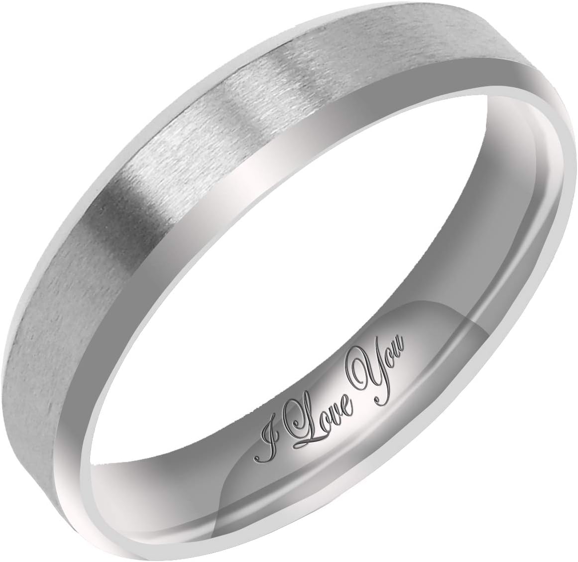 Everstone Women's Matte & Brushed 5MM & 7MM Flat Beveled Edge Promise Ring Wedding Bands Titanium Ring Color: Platinum Engraved I Love You
