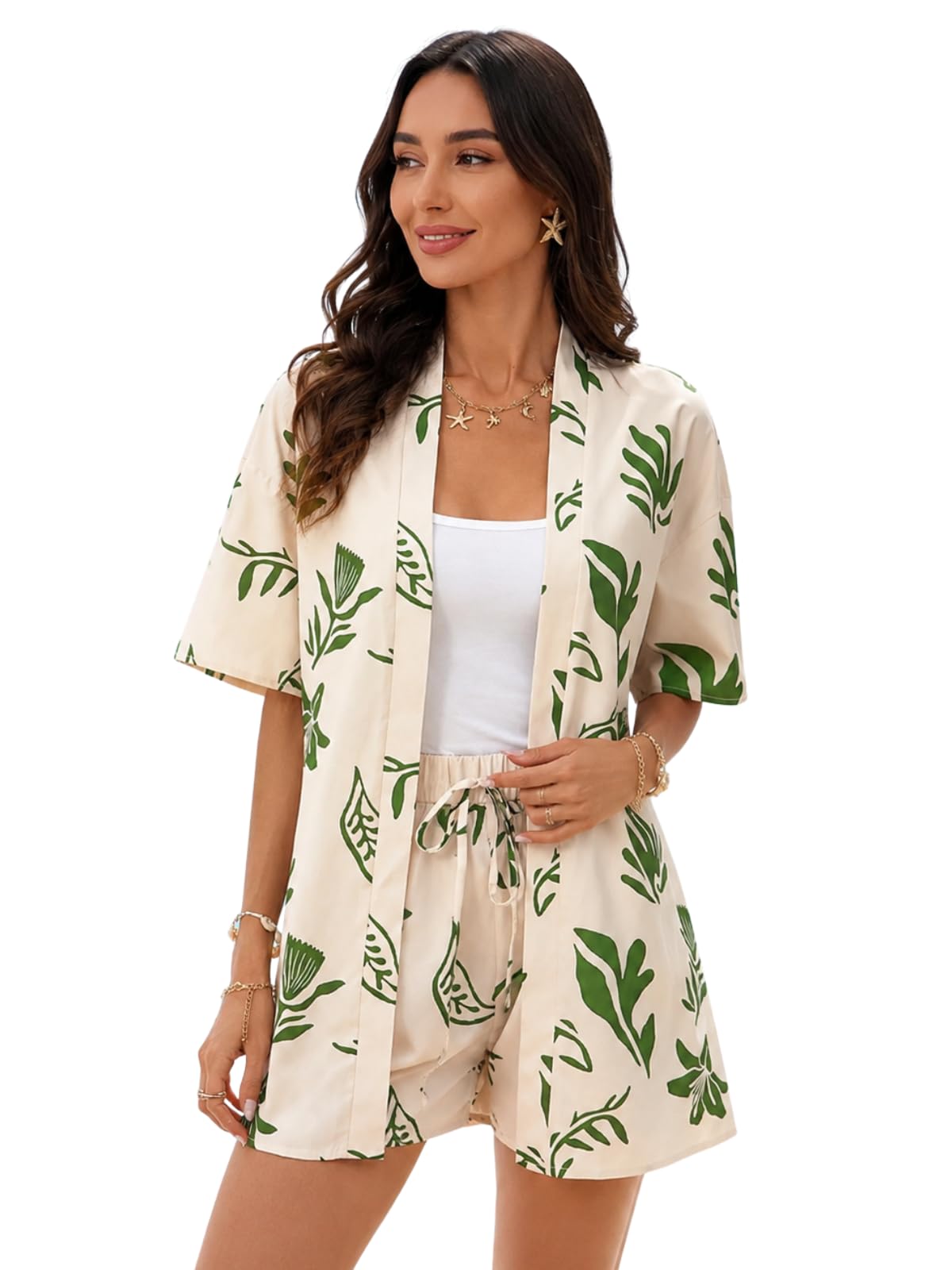 leriya fashion Co Ord Set for Women Stylish | Trendy Printed Korean Night Suit for Women | Night Dress Pyjama Set | Western 2-Piece Open Front Shrug Set | Drawstring Shrug Shorts for Beach Outfit-picture-18