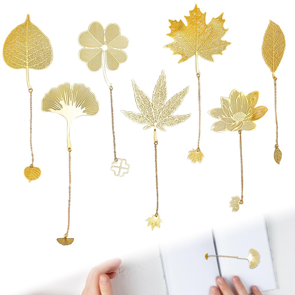 AMALURD 7 Piezas Marcapáginas Metalicos Dorados Marcadores de Hojas y Flores para Libros Marcapáginas 3D de 7 Estilos Marcadores de Libros Metalicos Regalo para Amantes de Lectura