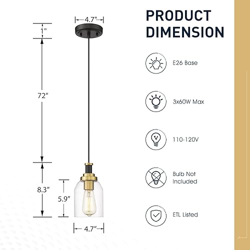 Miniatura 6 de zeyu ZG33M1L BK+BG - Lámpara colgante de cristal de 1 luz para cocina, comedor, pantalla de cristal transparente, acabado negro y dorado, ZG33M1L