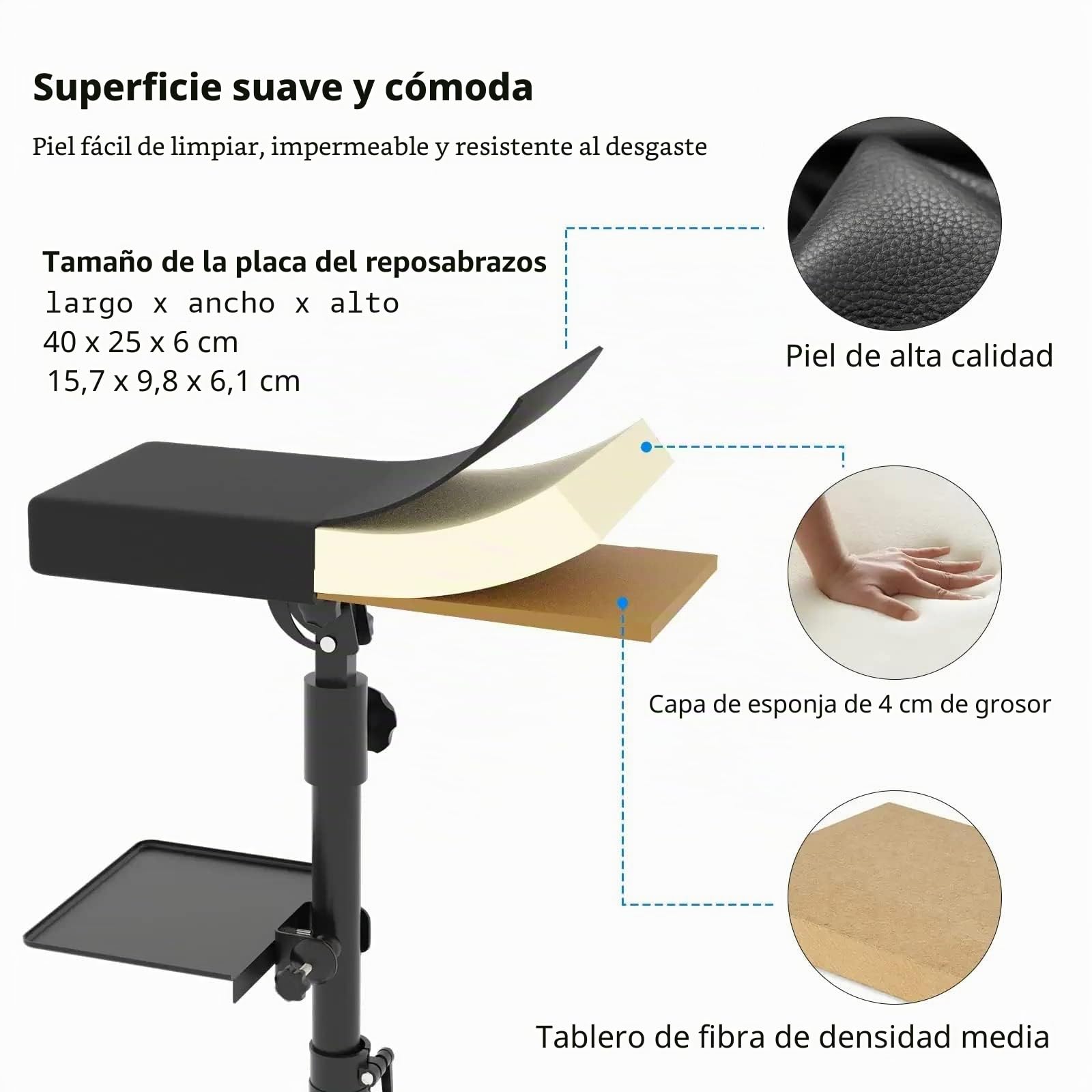 ANDNICE Soporte de reposabrazos para tatuajes - Base ajustable en H - Bandeja de cuero negro - Suministros de tatuaje incluidos - Equipo profesional de hierro resistente