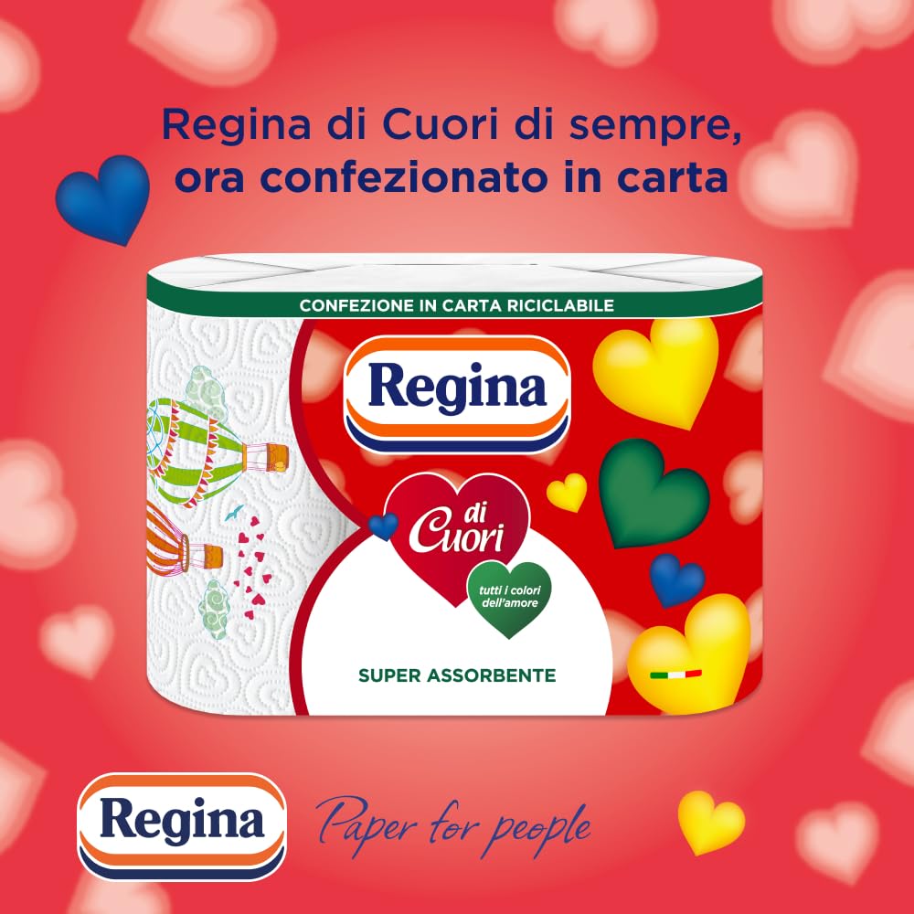 Regina di Cuori Carta Cucina, Confezione da 30 Rotoli a 2 Veli, 50 Fogli per Rotolo, Grande Assorbenza, Spessa e Resistente, 100% certificata FSC, Confezione in Carta Riciclabile