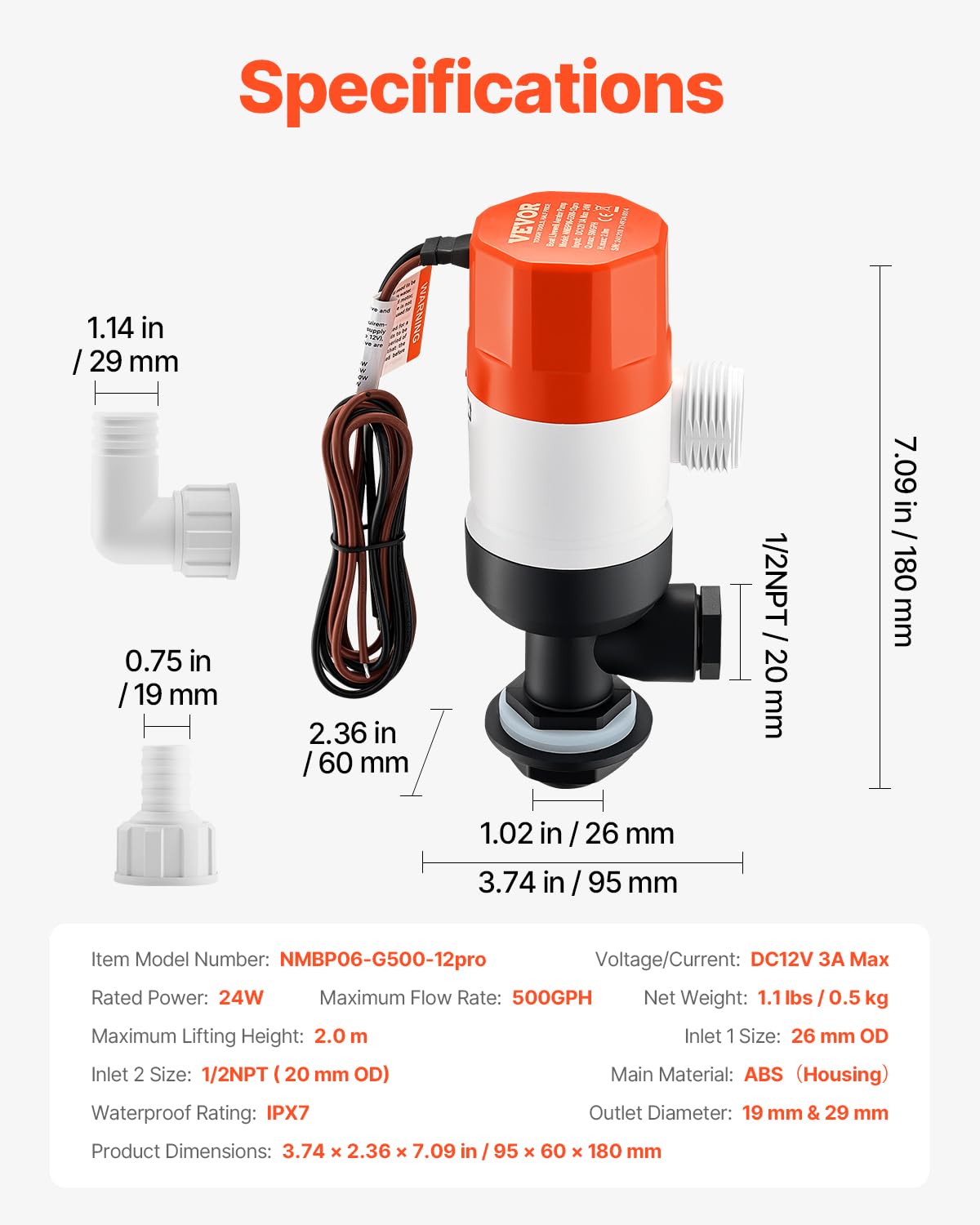 VEVOR Bomba de Pozo Vivo para Barco, 24 W 500 GPH Bomba de Aireación de Pozo Vivo Recta con Entrada Doble, Carcasa ABA y Cartucho de Motor Desmontable, Prueba Corrosión para Agua Dulce y Salada