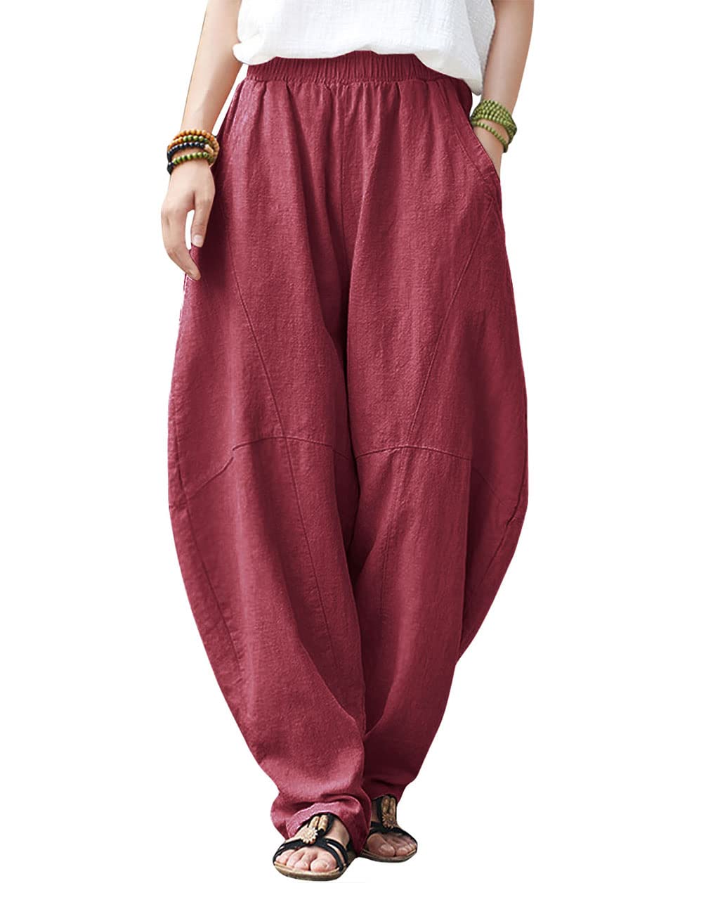 IXIMO Womens Cotton Linen Pants Casual Elastic Waist Lantern Slacks Loose Fit Baggy Patchwork Trousers