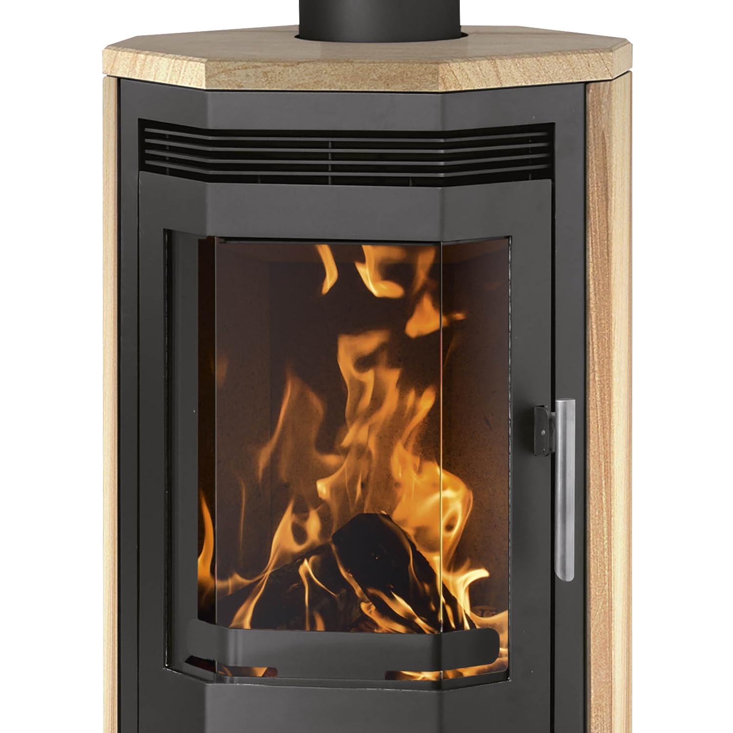 Justus Usedom 5 Kaminofen Stahl Schwarz mit Sandsteinverkleidung 5,5 kW Nennleistung Prismaglas Scheibenspülung Holzfach Bauart 1 Rauchrohr 150 mm