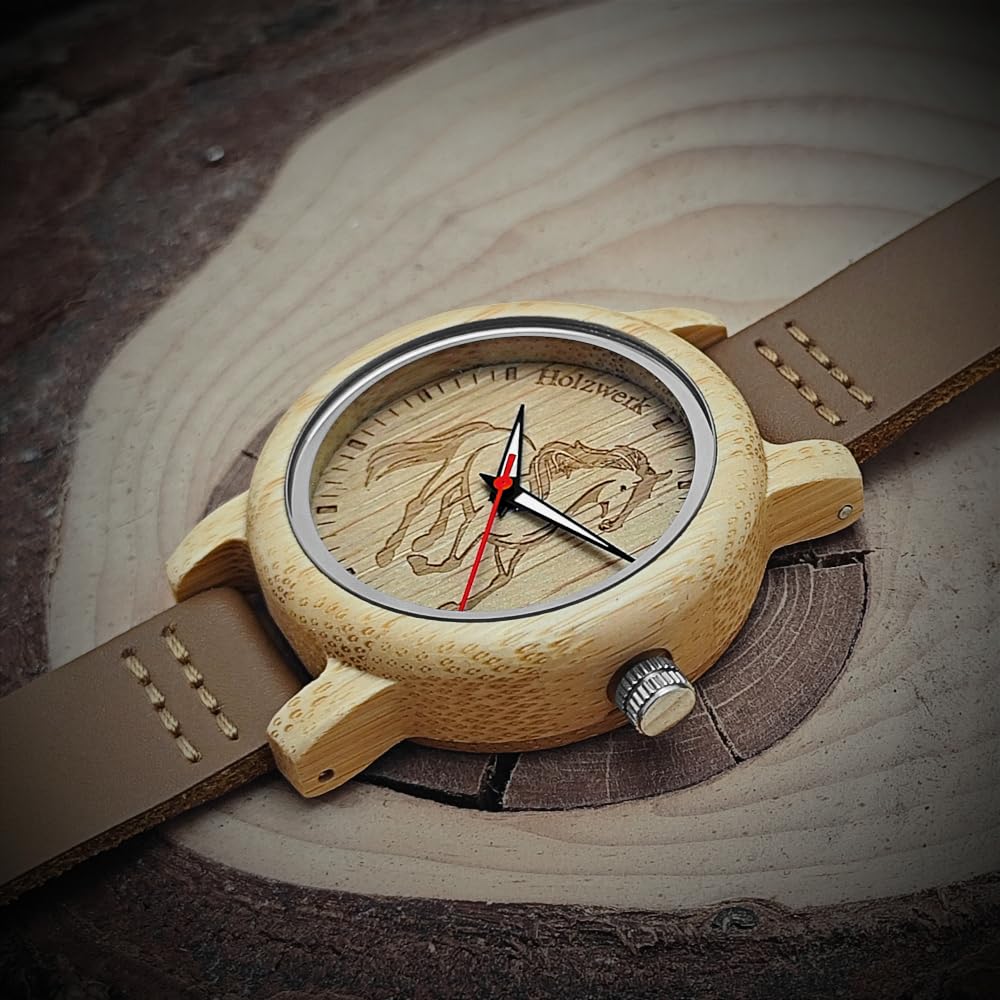 Holzwerk Germany Mädchen-Uhr Jungen-Uhr Kinderuhr Öko Natur Holz-Uhr Leder Armband-Uhr Analog Klassisch Quarz-Uhr Kinder Uhr mit Pferde Pony Motiv in Rot Schwarz Blau Türkis Braun