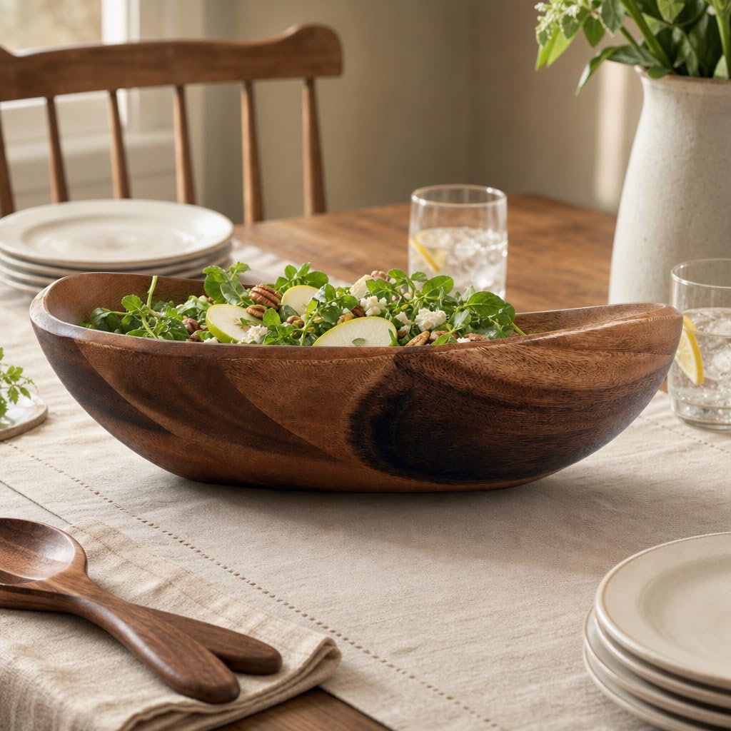 Arthur Court Cuenco de madera para servir ensalada de acacia para frutas o ensaladas – Tazón moderno de centro – Tallado a mano de una pieza de madera