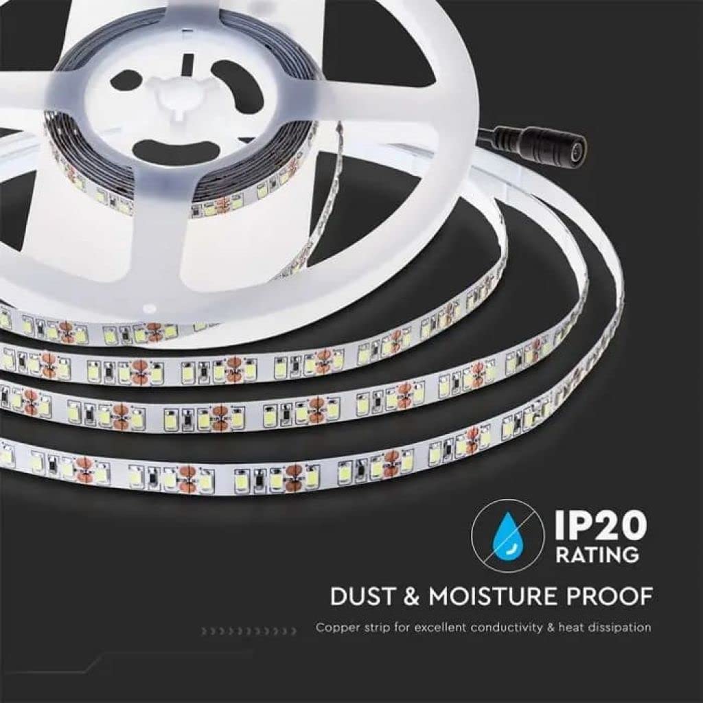 V-TAC Tira LED bobina de 10 metros 7,5 W por metro cinta luminosa SMD 2835 Color de la luz blanca cálida 3000 K para interior con tira adhesiva, alimentada a 24 V.