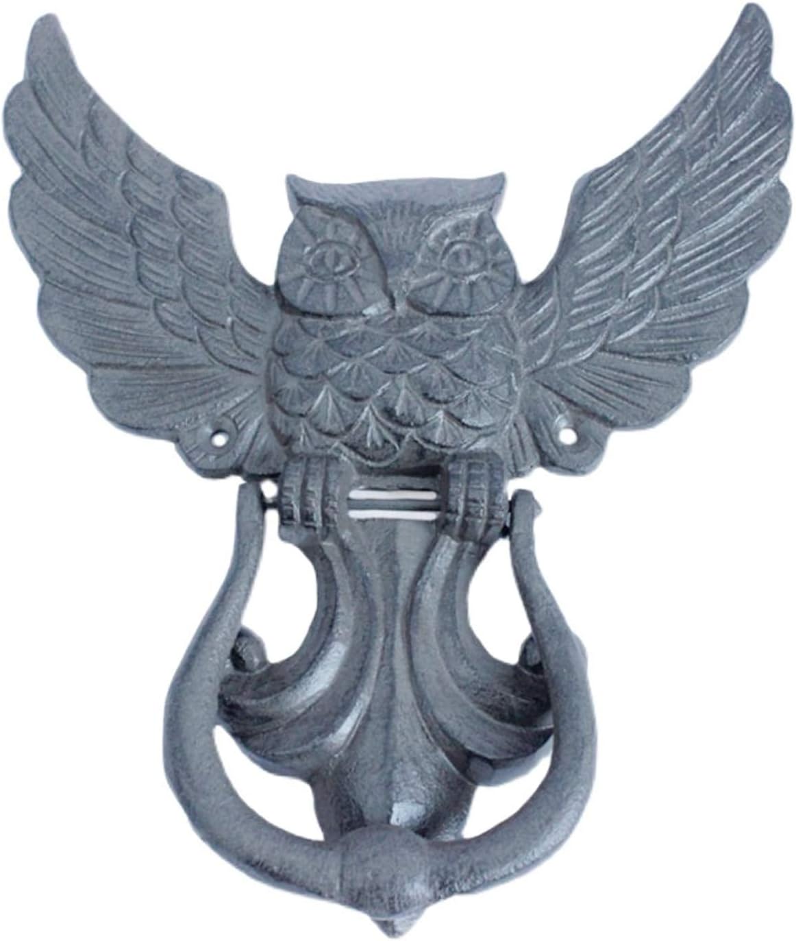 Vintage Owl Knockers for Front Door, Lightweight Owl Handle Pull Ring Funny Garden Fence Cast Iron Large Ring with Rustic Blue Finish, 19.5×2.7×22.9cm