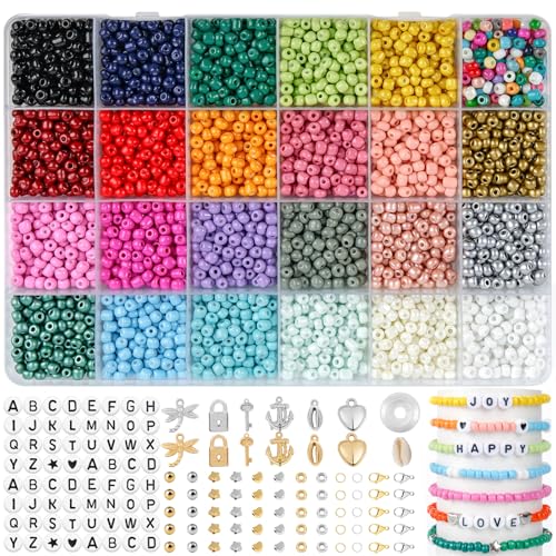 Ruby 4mm Bead Set per Bracciali, 24 Color Bead Set Bracciali fai da te con Letter Beads, Perline di Vetro per Infilare Regali per Bambini, Adulto per Natale, Compleanni ecc.