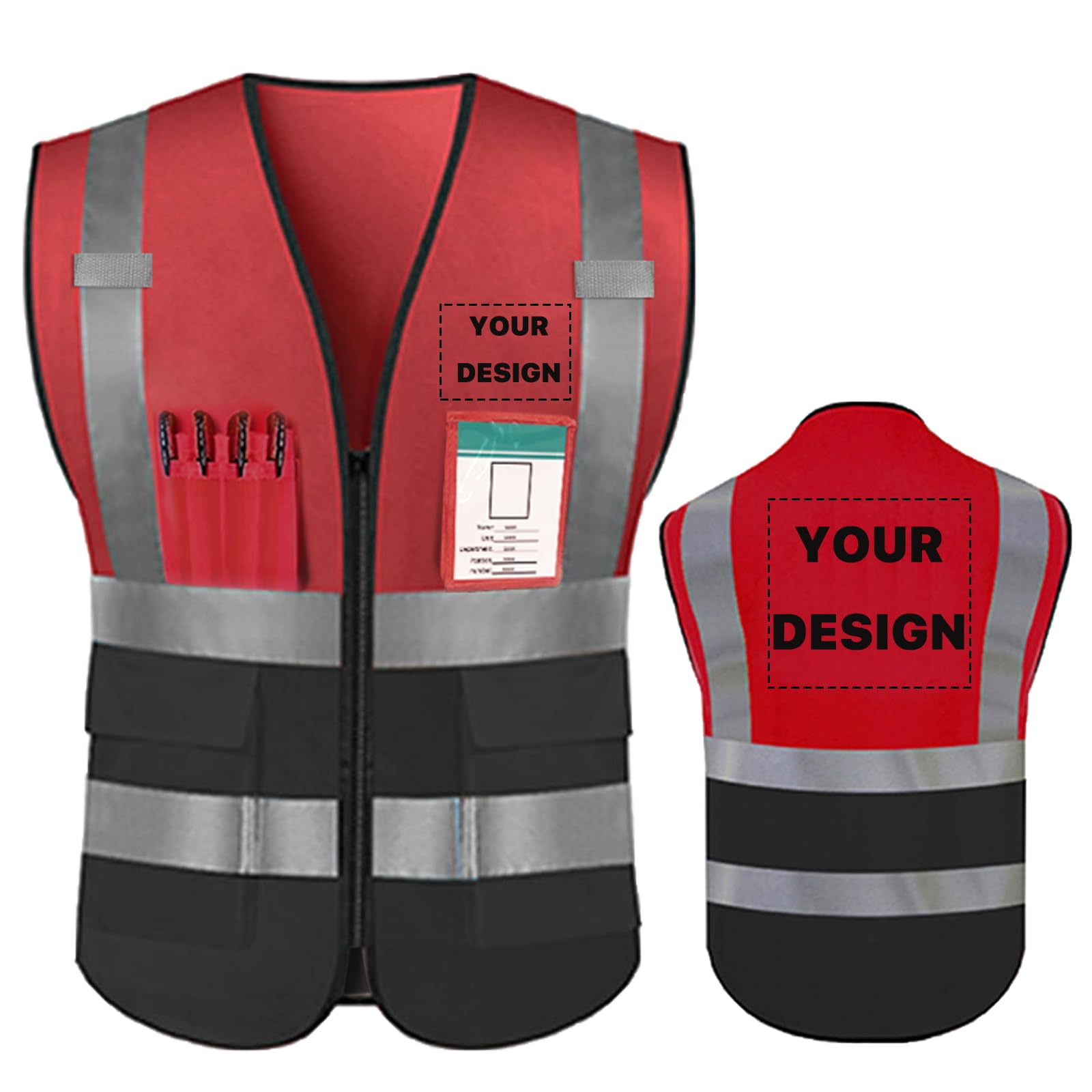 YOWESHOP High Reflective Visibility Safety Vest Custom Your Logo Safety Workwear with Reflective Strips and Pockets?Red Black L