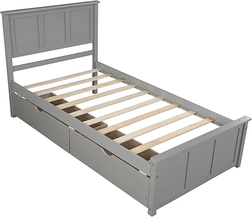 Miniatura 40 de Base de cama de plataforma individual con 3 cajones de almacenamiento, cama de madera tamaño individual con listones de soporte, marco de cama