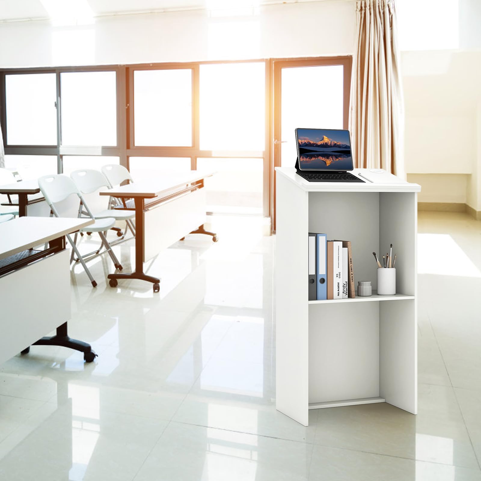 LIFEZEAL Leggio, Podio, Pulpito per Conferenze, Tavolo per Presentazioni, Scrivania per Discorsi Pubblici, Porta PC, Piano Inclinato, Ripiano Nascosto, per Chiesa, Aula, Legno, 58x40x116,5cm, Bianco