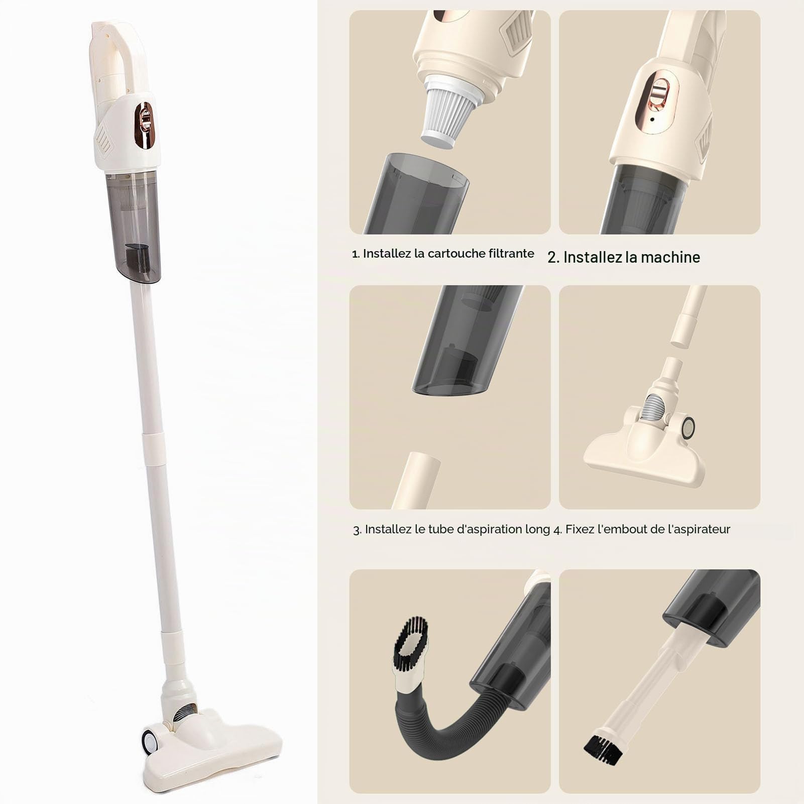 Aspirateur à Bâton Puissant, Aspirateur Vertical Portatif Portatif, Brosse Rotative à 270 Degrés pour Tapis et Poils d'animaux
