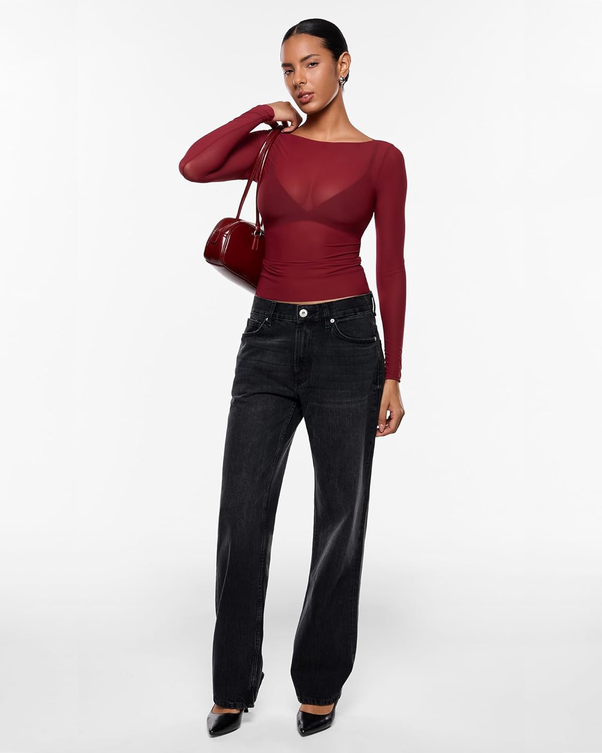 INLYRIC Women's Cosnufy Mesh Sheer Long Sleeve Tops See Through Boat Neck Going Out Tops Trendy Sexy Shirts - Image 2