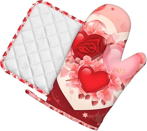 Miniatura 4 de Manoplas para horno, juego de soportes para ollas, hermosas flores, corazones rojos, guantes de silicona para horno, accesorios de cocina para