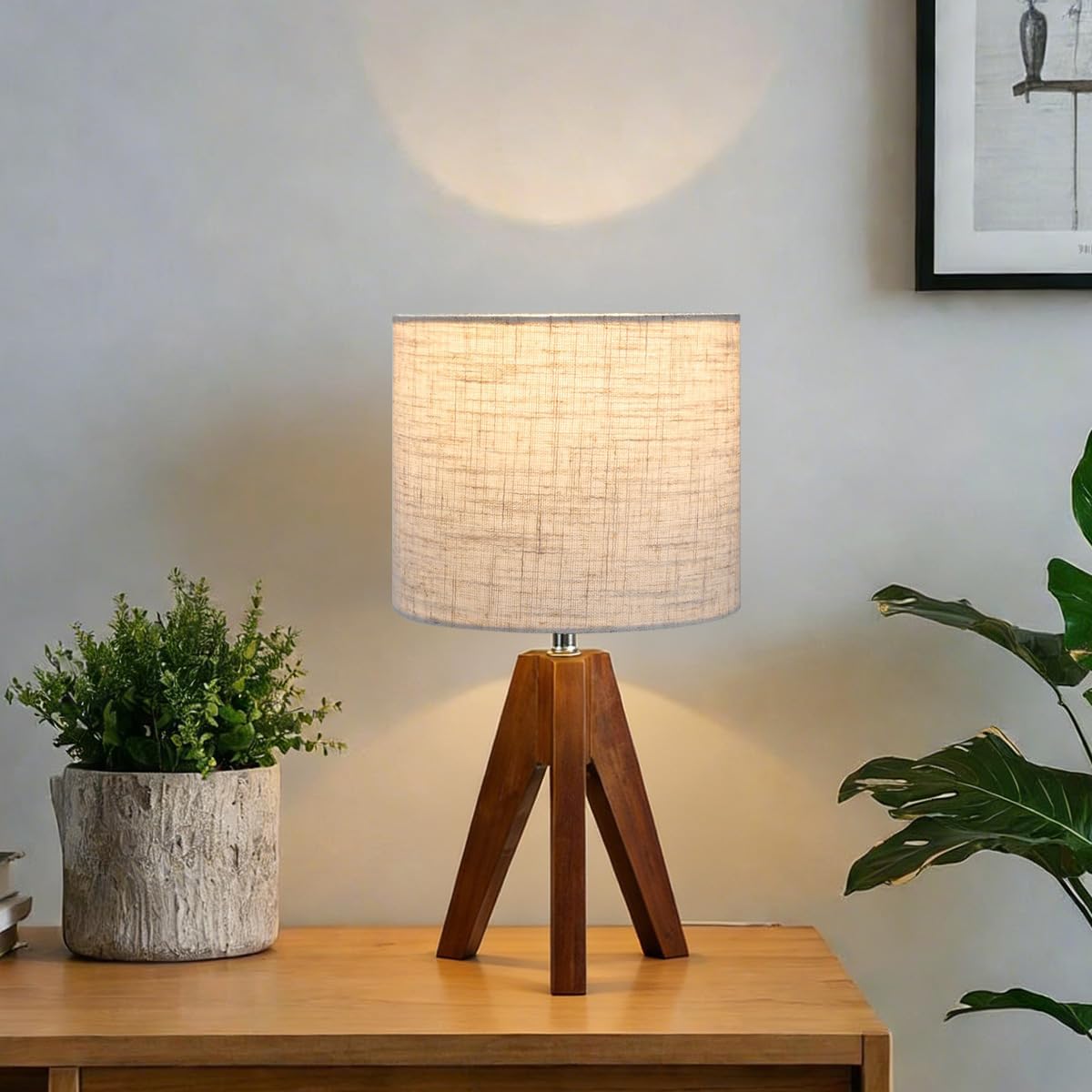 Tripod Table Lamp, Small Bedside Night Stand Lamp with 3 Colors, Decorative Lamp for Bedroom, Nursery, Living Room (Bulb Included) (Espresso Wood)