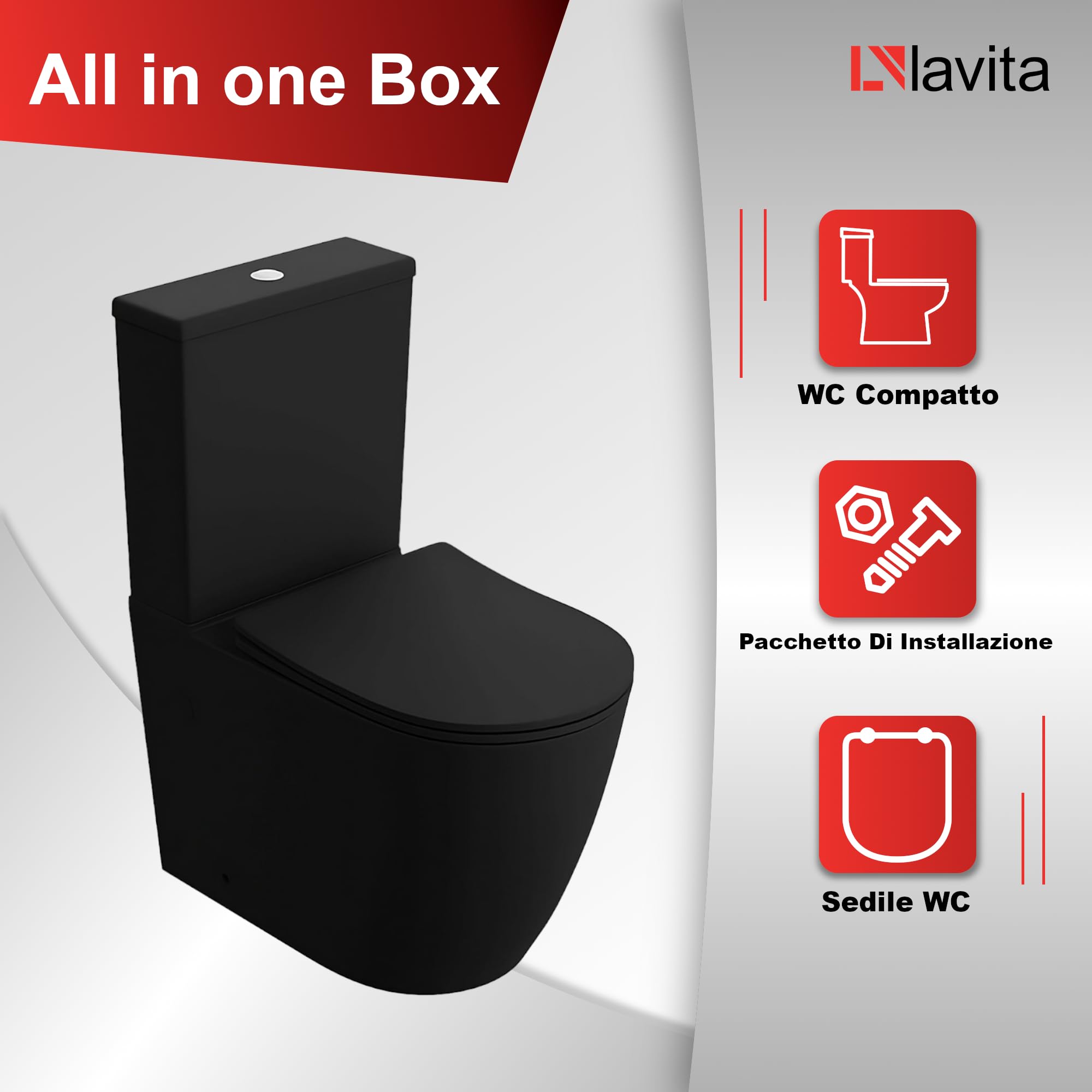 LAVITA WC monoblocco con cassetta di scarico integrata NAUTILIUS BLACK Coperchio WC con chiusura ammortizzata WC in ceramica senza brida Vaso WC Vaso WC verticale + raccordo WC