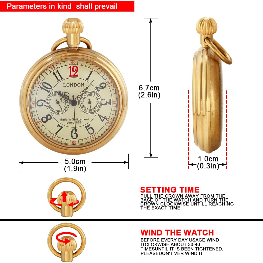 Tiong Vintage Copper Stainless Steel London Design Mechanical Hand-Wind Engraved Pocket Watch Mens Watches