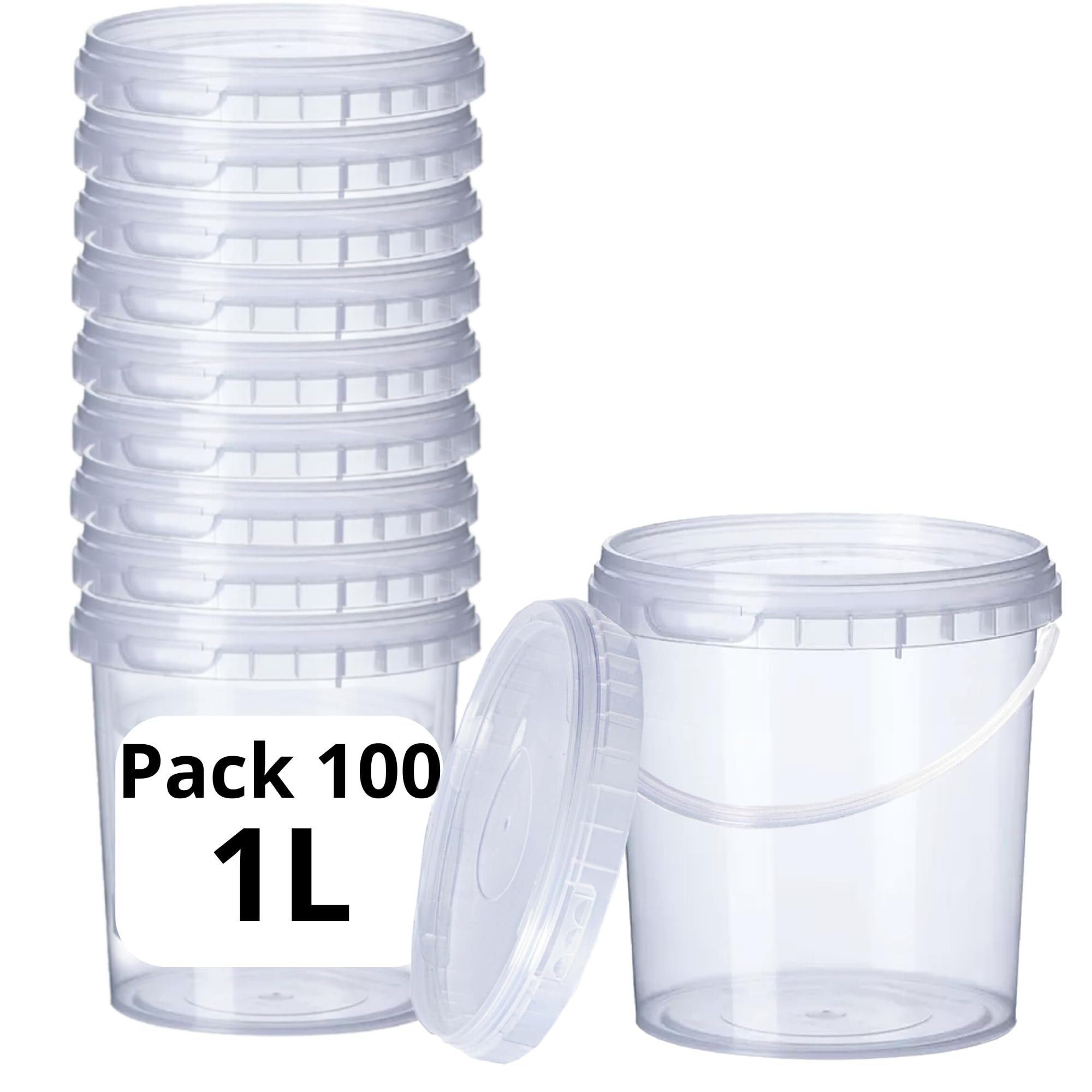 GROWMANIA Pack x100 Cubo Plástico 1L Transparente con Asa – Tupper Hermético Apto para Alimentos, Líquidos y Pintura - Bote Almacenamiento – Tarro Contenedor Resistente