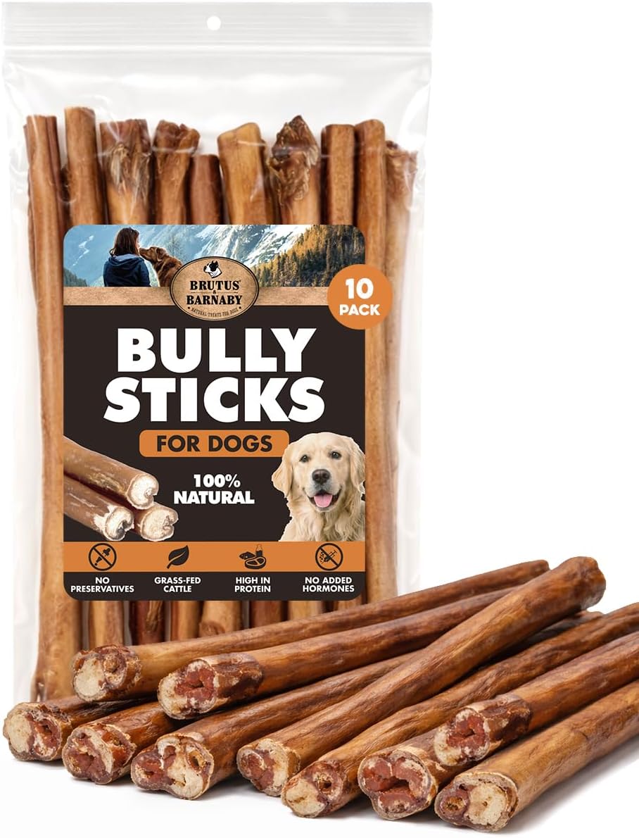 BRUTUS & BARNABY Jumbo Bully Sticks for Dogs (5 Count) - Thick Long Lasting Chews for Aggressive Chewers, Grass Fed, Odor Free, Single Ingredient, Rawhide Free for Large Dogs